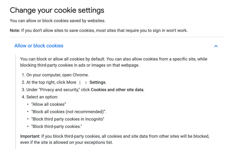 Screenshot showing the Google enable cookies page.